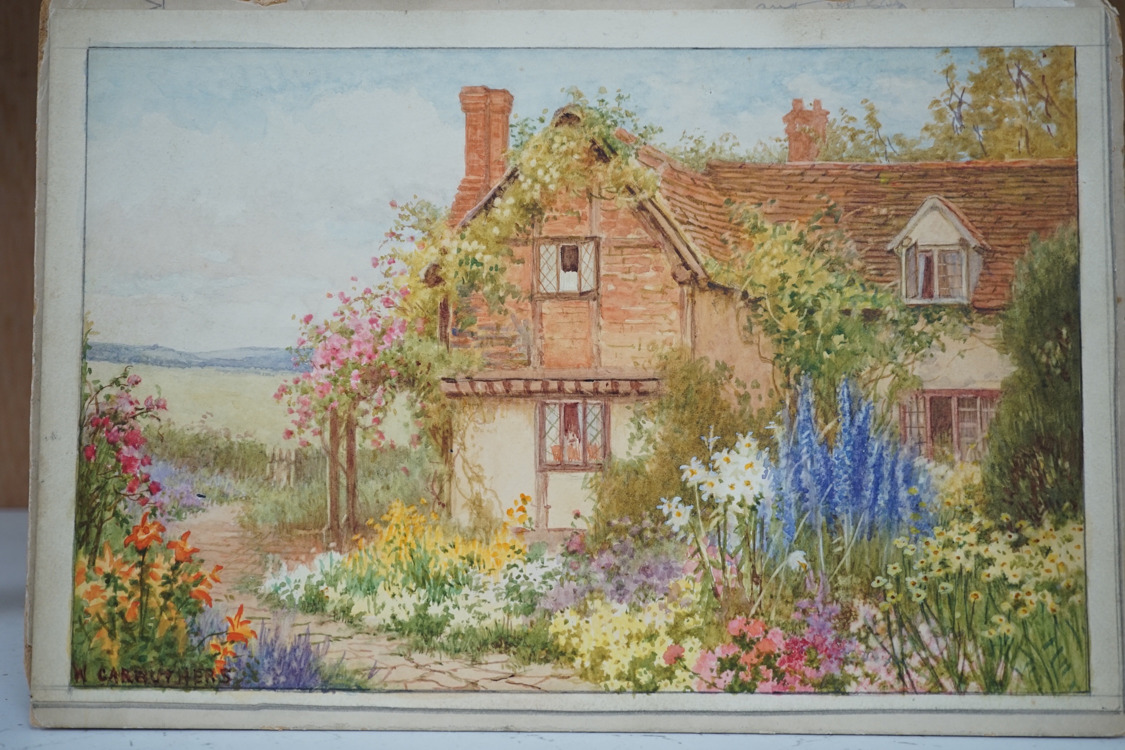 William Affleck (aka, William Carruthers, 1868-1943), four watercolours on card, ‘Springtime at Cropthorne, Worcestershire’, ‘Surrey cottage at Witley’, ‘Cottage at Welford-on-Avon, Warwickshire’ and ‘Stonewall Farm, Cha